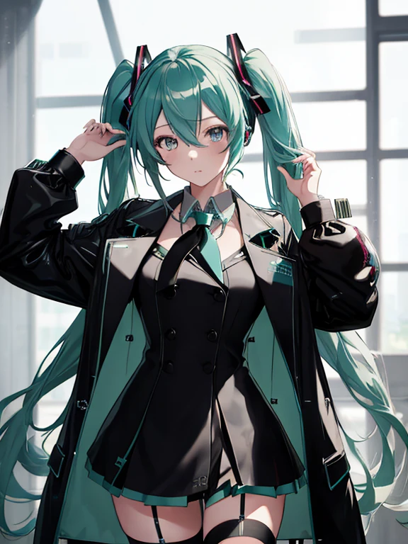 Hatsune Miku, Black Trench Coat, (masterpiece), highest quality, 1girl, uhd, retina, masterpiece, ccurate, anatomically correct, textured skin, super detail, high details, high quality, best quality, highres, 4K