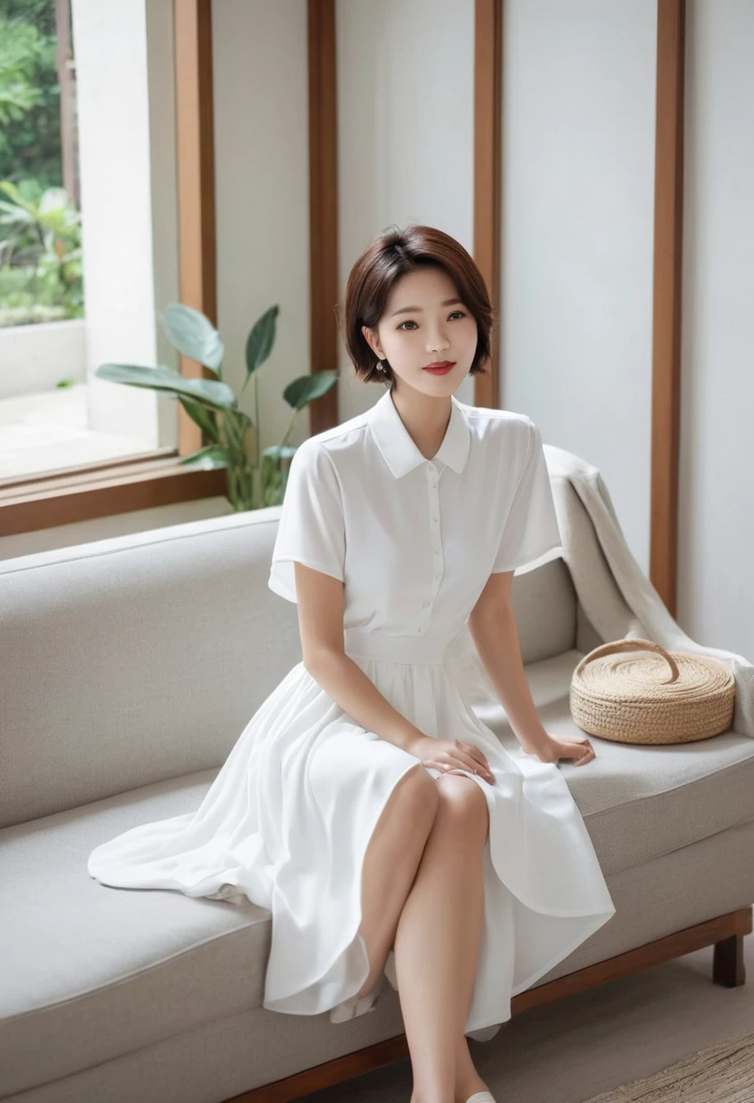 Comfortable everyday look, woman in white dress, living room, Inspired by Jiwon Kim, jiyun chae, inspired by Russell Lu Dongjun, Song inspired by Gao Qipei, by Russell Lu Dongjun, Inspired by Shin Min-jeong., /Short hair