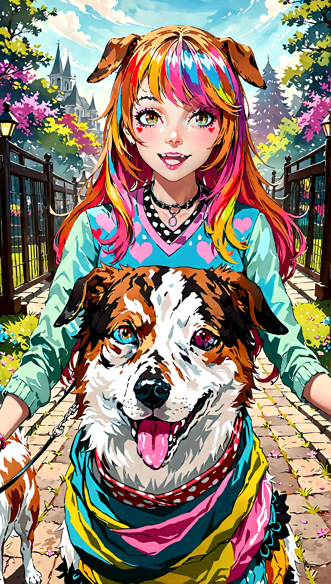 Ultra-high-resolution 8K portrait of a hyper-realistic J-POP styled park scene with a beautiful woman walking her dog and greeting another dog owner and their pet, extremely detailed, cinematic composition, trending on ArtStation