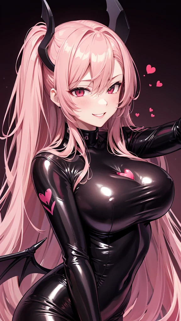Erotic Tall busty adult married woman, female executive in shiny pink rubber suit, bedroom with red hearts on a black background, dark theme, evil, temptation, excitement, condescending smile, sexy pose, upper body emphasis, lying on man, angle from below, bat wings, succubus