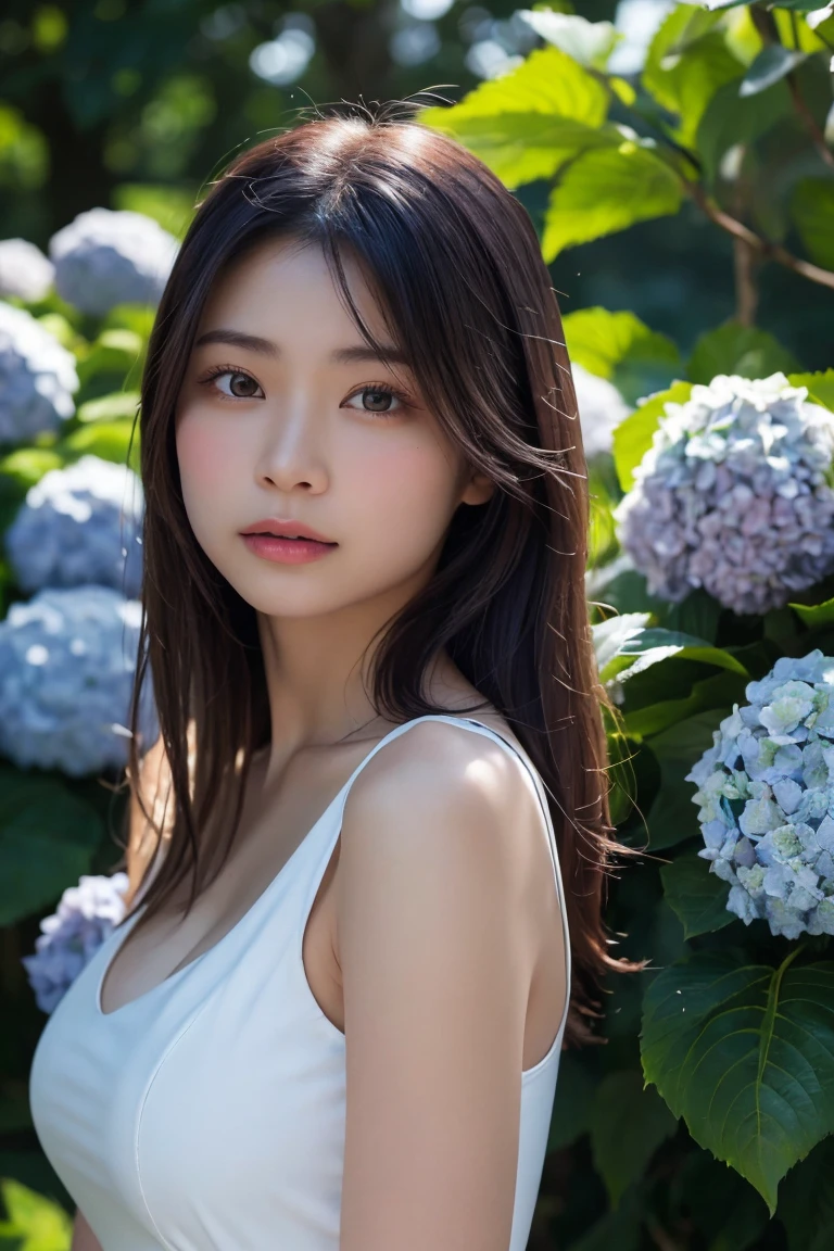 A highly detailed, photorealistic portrait of a beautiful young Asian woman with smooth skin, large expressive eyes, and natural makeup. She is surrounded by lush hydrangea bushes, with soft lighting and a shallow depth of field. The background is slightly blurred to emphasize her face. The image should capture her serene and gentle expression, with a focus on her delicate features and the natural beauty of the scene. High resolution, 8K, ultra-detailed, masterpiece, best quality. ((China dress))、((Upper Body:1.3))