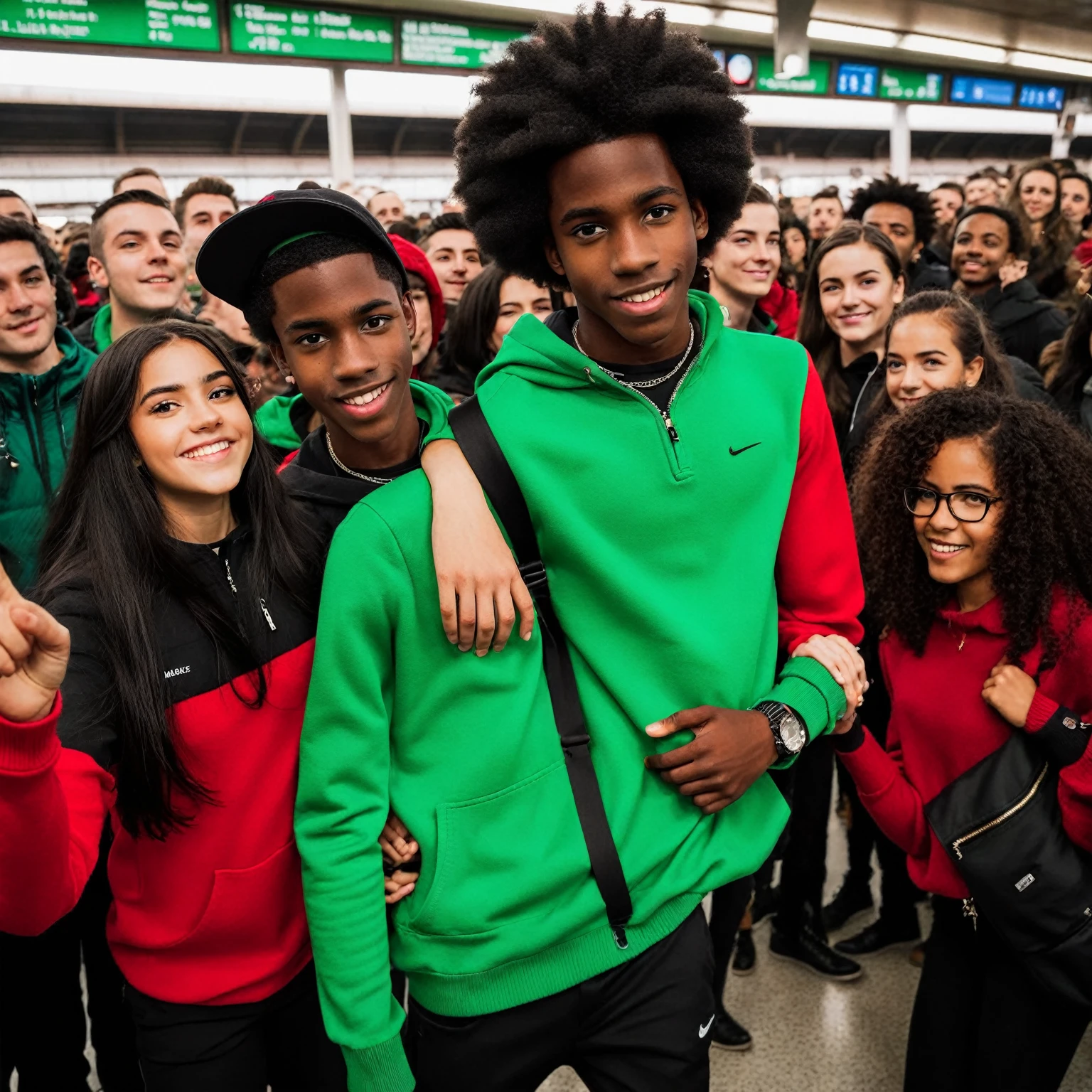 An Afro American ager boy of black complexion with twist wearing a red sweater, in the center of a dynamic crowd all dressed in black in a green train station