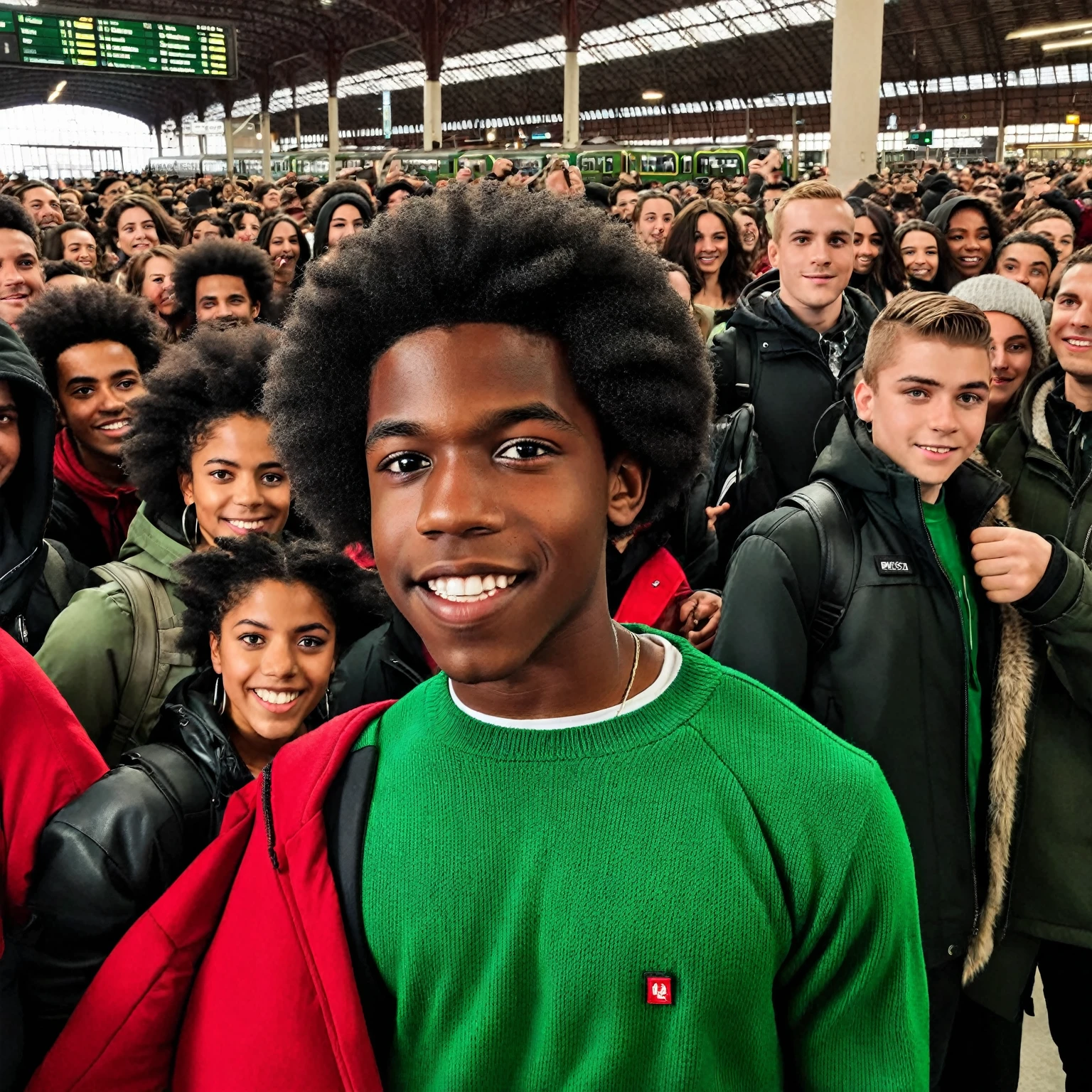 An Afro American ager boy of black complexion with twist wearing a red sweater, in the center of a dynamic crowd all dressed in black in a green train station