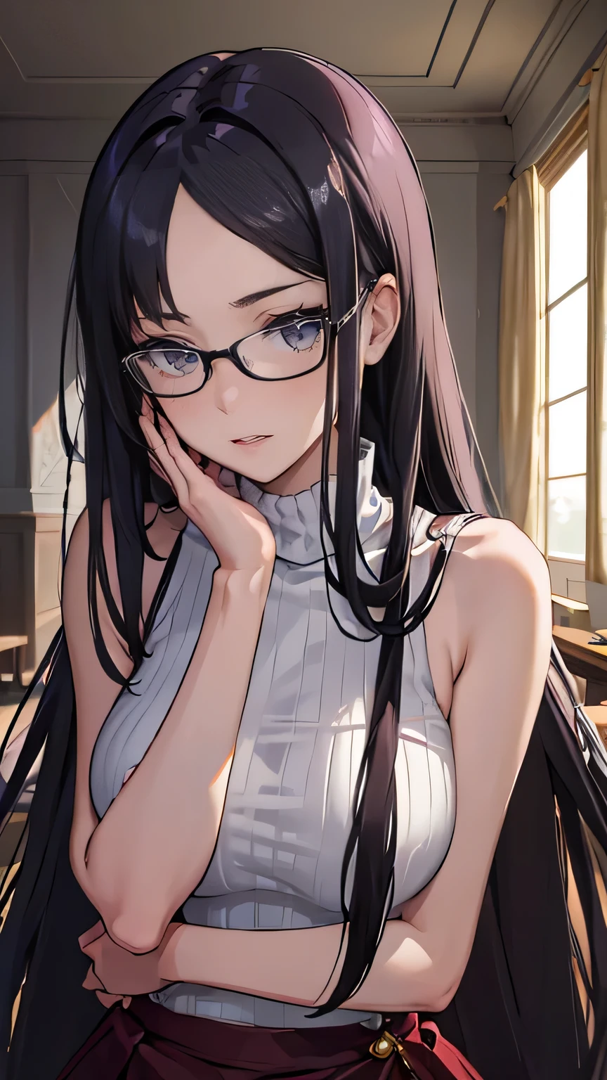 ((masterpiece)), accurate, high details, (detailed eyes), best quality, highres, super detail, Turtleneck sweater, sleeveless, flare skirt, lavender colored clothing, black hair, long hair, straight hair, mole under eye, rimless eyewear, Inside the room, afternoon sun, Put her hands behind her back