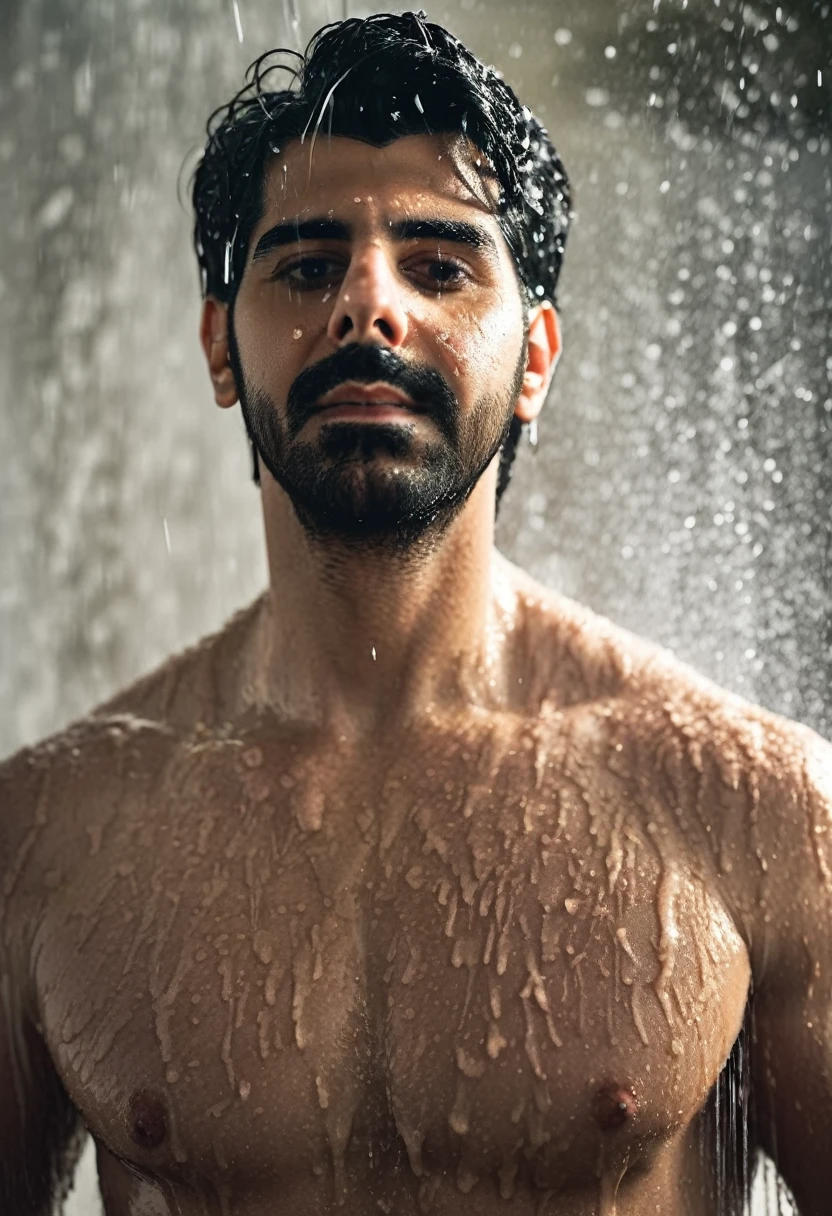 random upper body photography, dark gym team shower, ((sacha dhawan a man taking hot shower alone)), not looking into camera, (natural skin, natural texture), ((((lots of mist)))), soft cinematic light, adobe lightroom, photolab, intricate, highly detailed, sharp focus, ((((cinematic look)))), insane details, intricate details, hyperdetailed, low contrast, soft cinematic light, exposure blend, dim colors, dim light, eyes closed