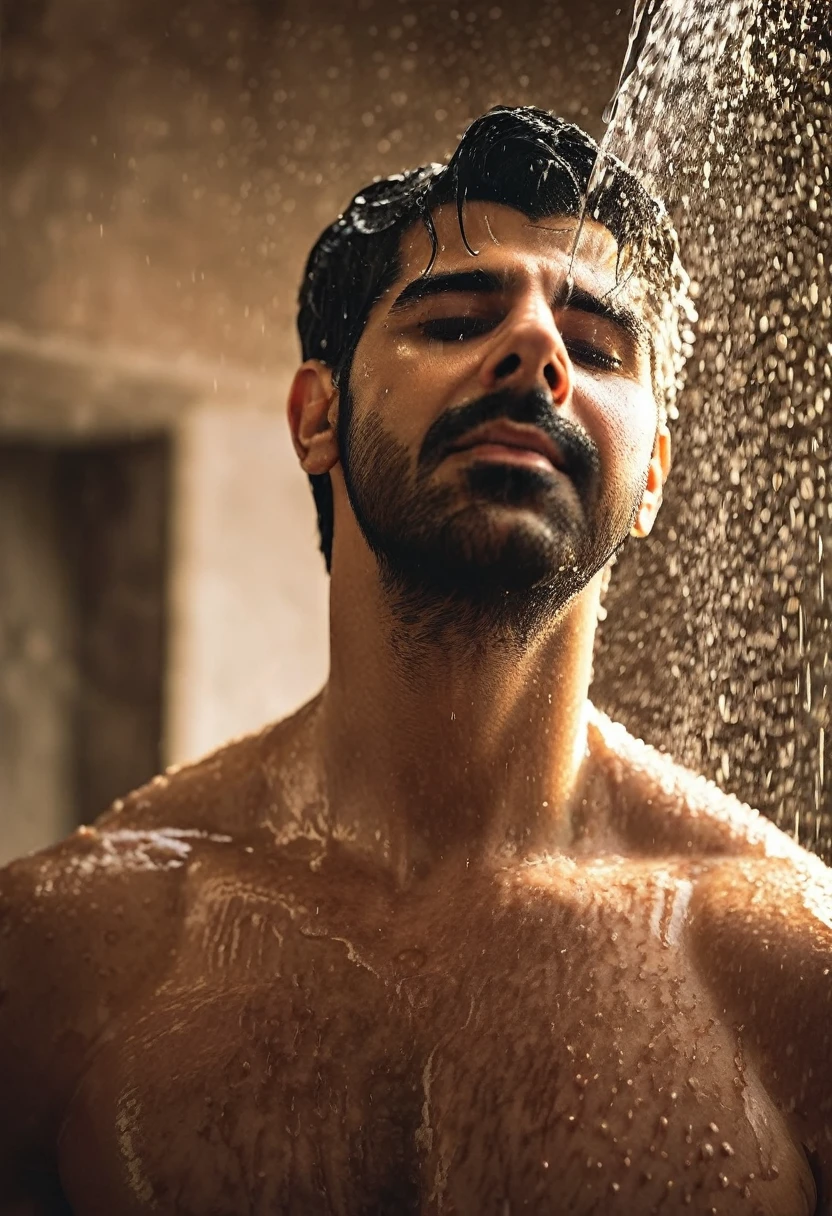 random upper body photography, dark gym team shower, ((sacha dhawan a man taking hot shower alone)), not looking into camera, (natural skin, natural texture), ((((lots of mist)))), soft cinematic light, adobe lightroom, photolab, intricate, highly detailed, sharp focus, ((((cinematic look)))), insane details, intricate details, hyperdetailed, low contrast, soft cinematic light, exposure blend, dim colors, dim light, eyes closed