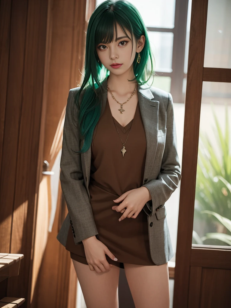 russian girl, fullbody, necklace, jewelry, green hair, red eyeliner, brown eyes, bangs, sexy pose, best quality, masterpiece, wearing suit, an extremely delicate and beautiful, CG, unity, 8k wallpaper, Amazing, finely detail, masterpiece, official art, extremely detailed CG unity 8k wallpaper, incredibly absurdres, huge filesize, ultra-detailed, highres, extremely detailed, beautiful detailed girl, realistic, full frontal, light contrast, completely legs