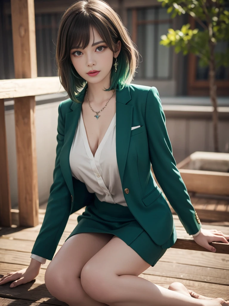 russian girl, fullbody, necklace, jewelry, green hair, red eyeliner, brown eyes, bangs, sexy pose, best quality, masterpiece, wearing suit, an extremely delicate and beautiful, CG, unity, 8k wallpaper, Amazing, finely detail, masterpiece, official art, extremely detailed CG unity 8k wallpaper, incredibly absurdres, huge filesize, ultra-detailed, highres, extremely detailed, beautiful detailed girl, realistic, full frontal, light contrast, completely legs