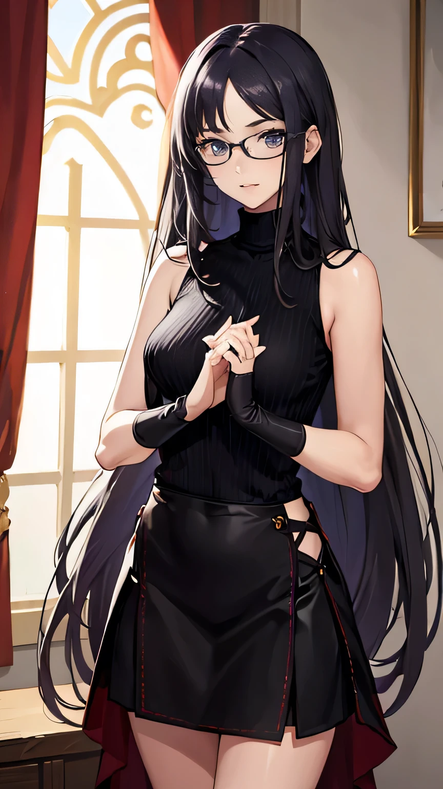 ((masterpiece)), accurate, high details, (detailed eyes), best quality, highres, super detail, Turtleneck sweater, sleeveless, flare skirt, lavender colored clothing, black hair, long hair, straight hair, mole under eye, rimless eyewear, Inside the room, afternoon sun, Put her hands behind her back