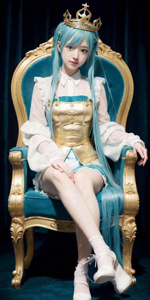 1girl, Hatsune Miku, princess outfit, crown, gold, ((throne)), in a castle, Middle Ages, wearing a blue vest, one foot on the ground, the other foot calf turned outward, one hand holding the microphone, the other hand across the eyes Biye, white background