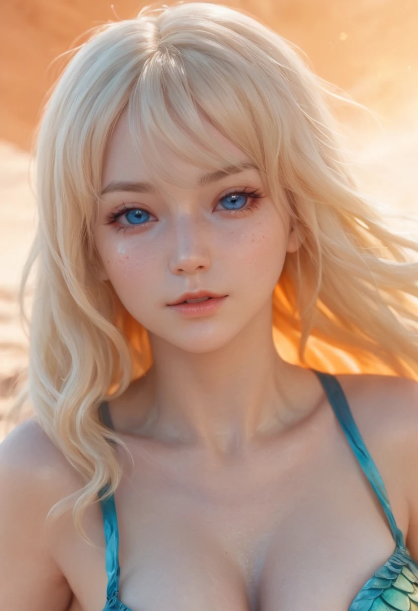 masterpiece, best quality, ultra detailed, expressive eyes, perfect face, nsfw, realistic, 1 mermaid girl (blue skin:1.4) fat, solo, blonde long hair with bangs, crying, wrinkles orange fins on ears, fish scale body, leaning forward, standing, dry skin, cracked skin, desert, Strong sunshine, (small breasts, sagging breasts, old breasts, wrinkled breasts:1.4) pussy juice, (spread legs, spread pussy, rotten pussy, wrinkled pussy, stretched pussy, Many warts on the pussy:1.2) (Warts all over the body, spots all over the body, rot all over the body, many Warts:1.3)