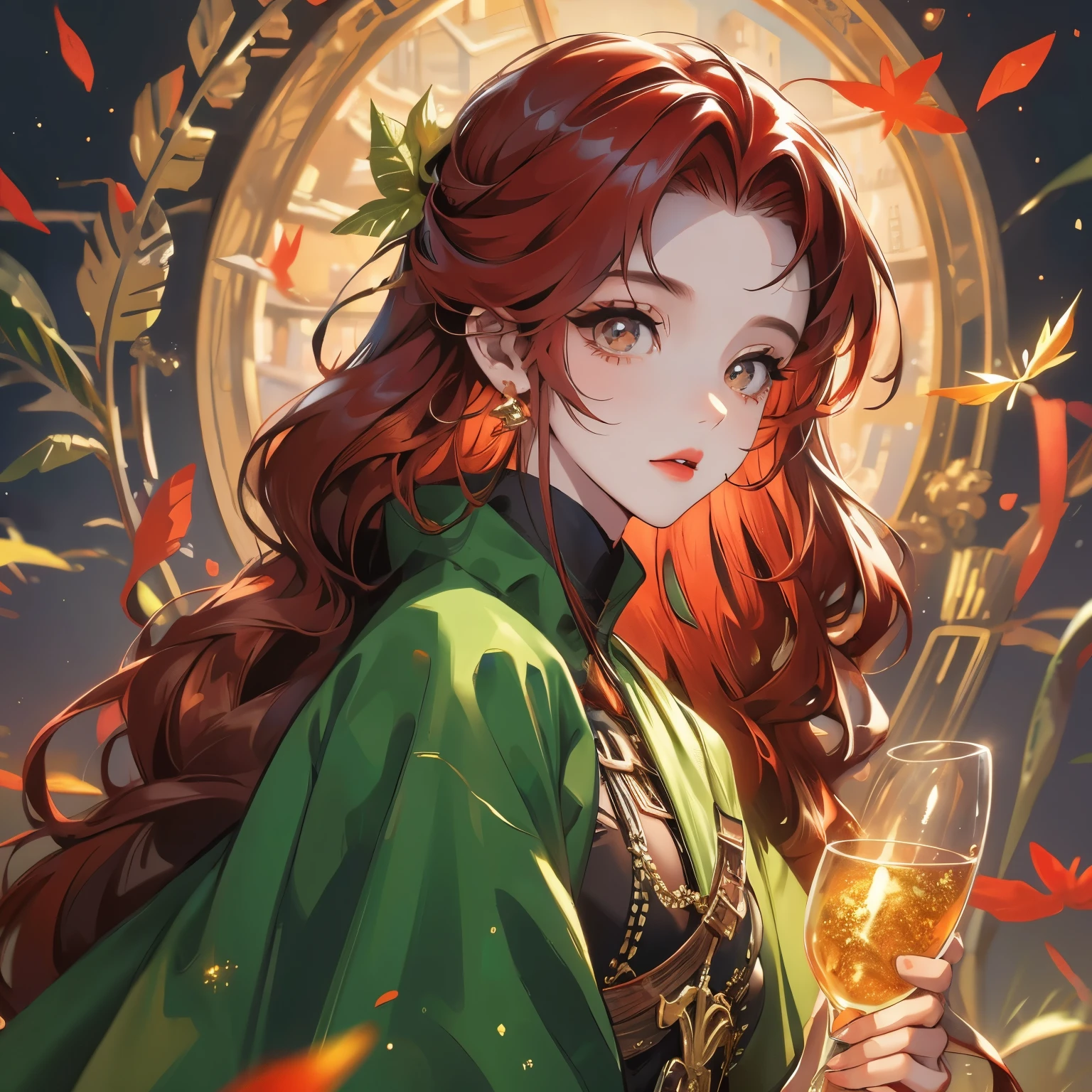 (best quality, masterpiece), 1girl, jungle , glitter, dress, particle, leaves, upper body, looking at viewer, red long hair