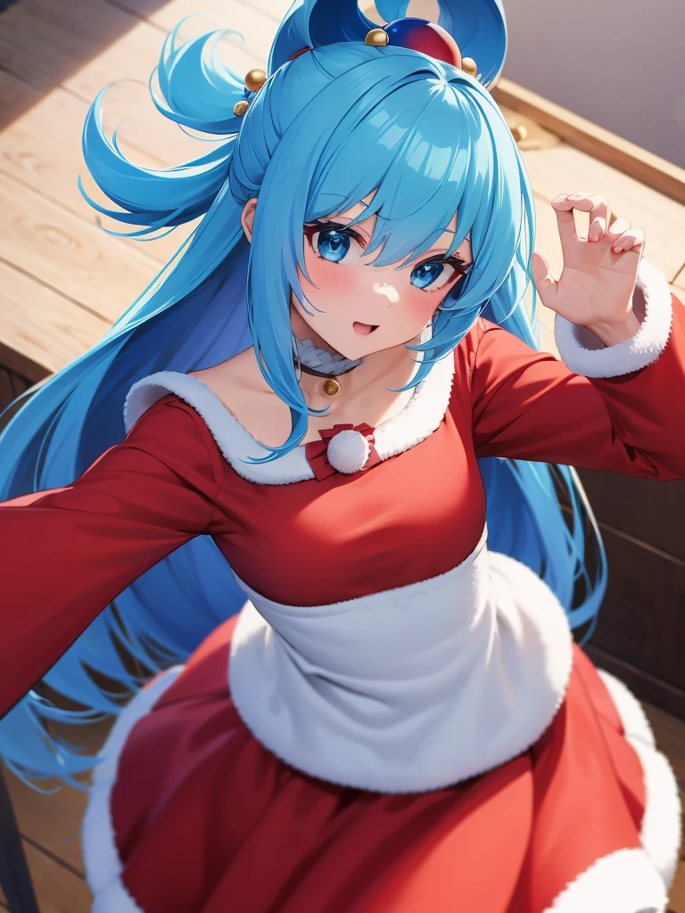 ((top quality)), ((masterpiece)), (Miniskirt with Santa Claus details), Red Santa Dress,perfect face, 1 girl, Aqua Konosuba