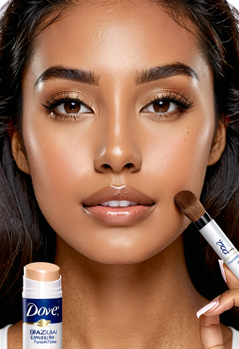 Brazilian woman face using dove foundation stick