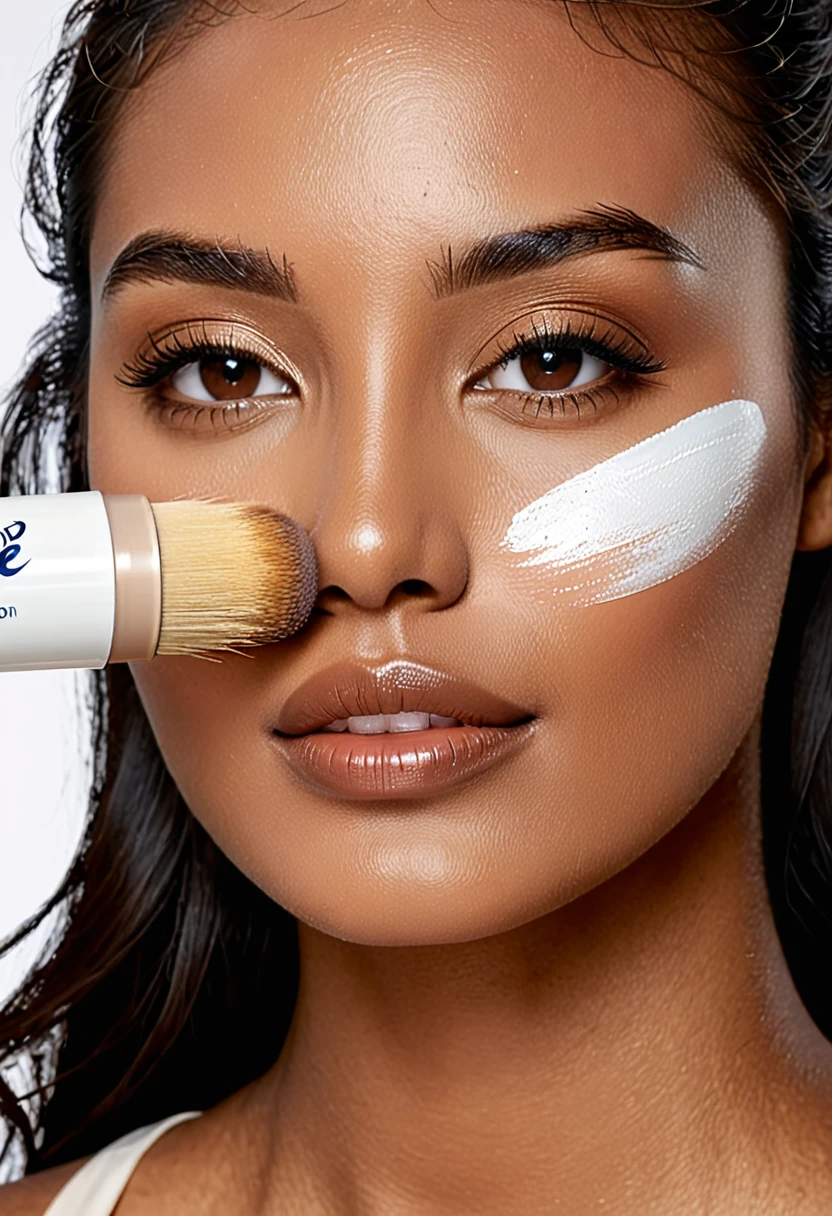 Brazilian woman face using dove foundation stick
