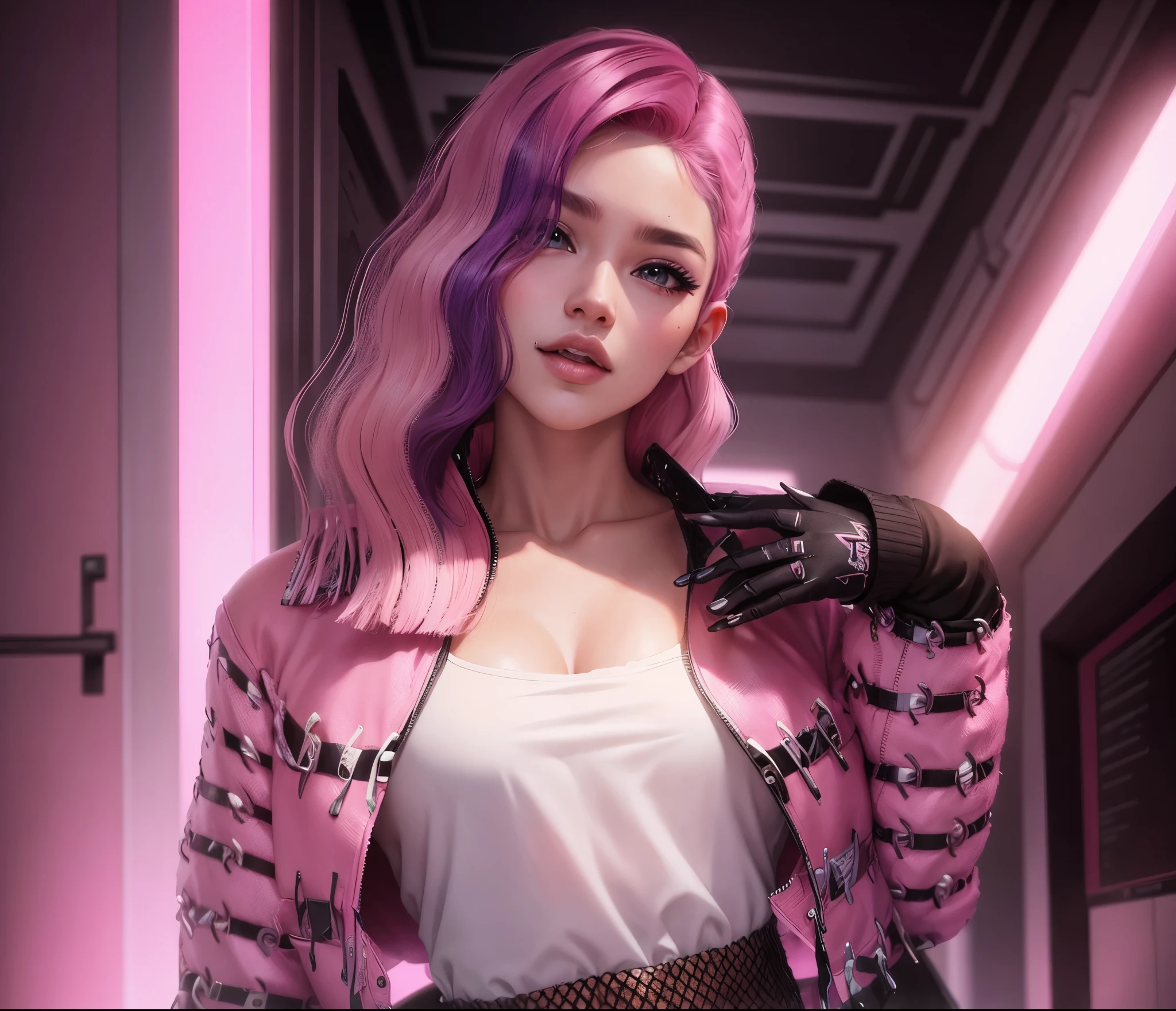AVATAR SECOND LIFE Korean girl jacket , asiática pink  hair, pink  hair, pink  hair, Perfect and detailed face, imvu, maximalist details, AVATAR SECOND LIFE Korean blouse and pants , neon, pink  hair, jeans