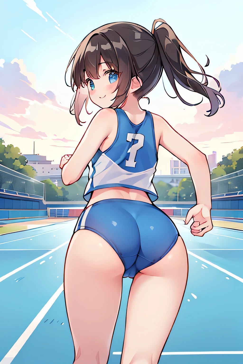 Highest quality、High resolution、Detailed Background、(Beautiful face in every detail:1.2)、Anatomically correct、age beauty、Detailed face、Sexy sportswear、Track and field athlete、Attractive ass、(Shooting from behind while running:1.5)、Expressing Vibrantly、smile