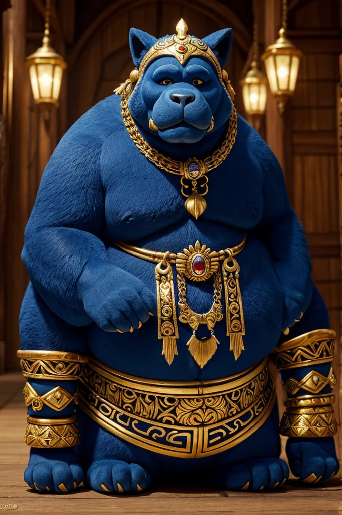 Ahuizotl a fat and obese anthropomorphic dog with a long monkey tail with a hand at its end.has dark blue skin over most of its body, while your stomach, the lower jaw and legs are lighter blue, with gold colored jewelry, like a necklace, an ear ring, and three bracelets, one for each front paw and one on the wrist of his tail and white loincloth with gold jewels in the style of Disney Pixar .
