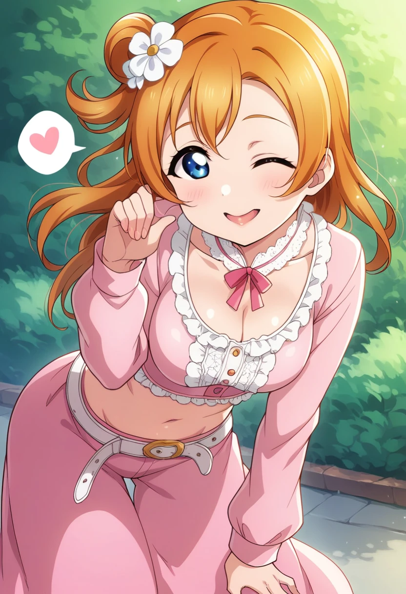 Honoka kousaka love live, cowboy shot, blue eyes, orange hair,hair flower, solo, loose crop top, frilly,long sleeve,long skirt, thighs cutout,pink loose belt,thin straps, shiny moist skin, sexy, spoken heart , (lipstick:0.7), wink ,hand on cleavage, leaning to side , crotch, slightly bent over , outdoors