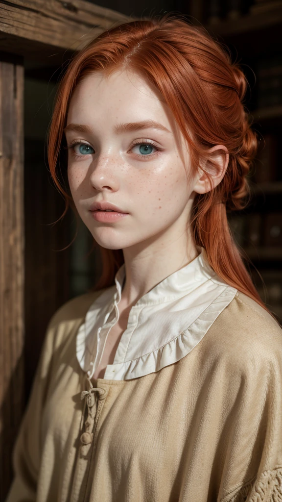 natural redhead, with freckles on his face, greeneyes, 15th century clothing
