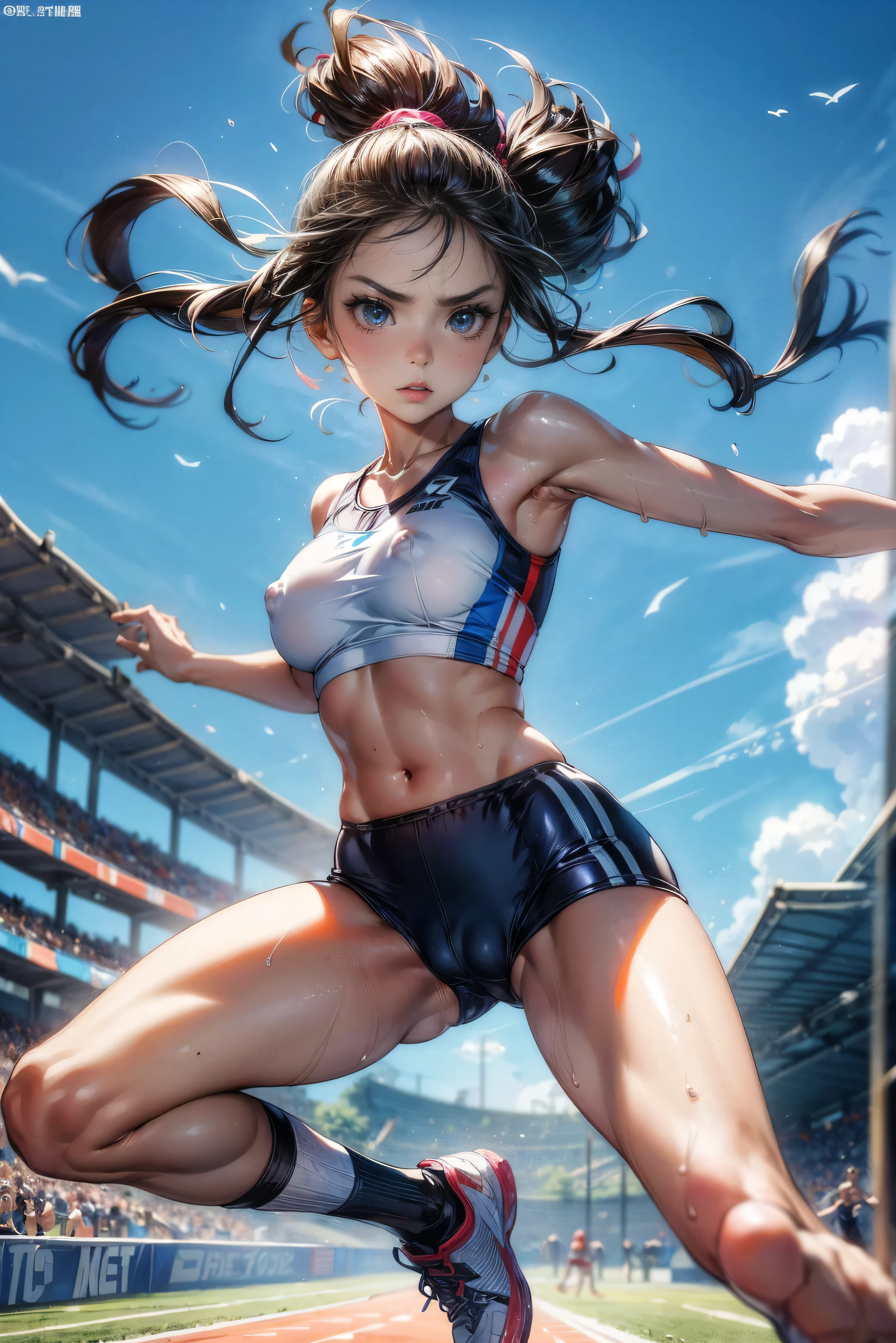 Photo of a 20 year old woman, Perfect Face, masterpiece, good, Sports bra,Racing Shorts、good,  Uplifting、Run at full speed、Sweat flying、Serious face、Crouching Style、Track and Field、Nipple swelling、Pussy Cameltoe