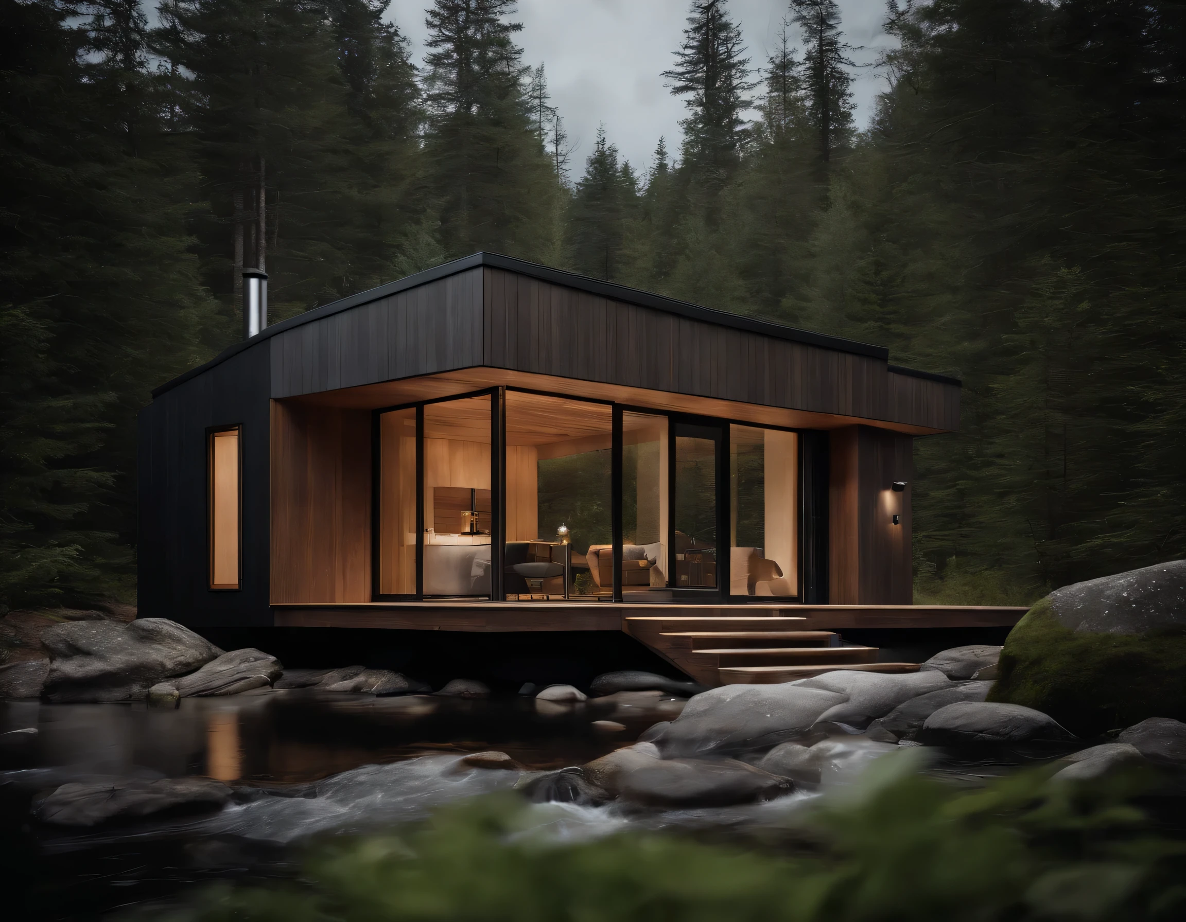 Exterior image of a small duplex house in Scandinavian nature, standing wooden panel, avantgarde, Panoramic glass windows, forests, waterfall inside the atrium, stones, natural water pond, inspired architect Zaha Hadid