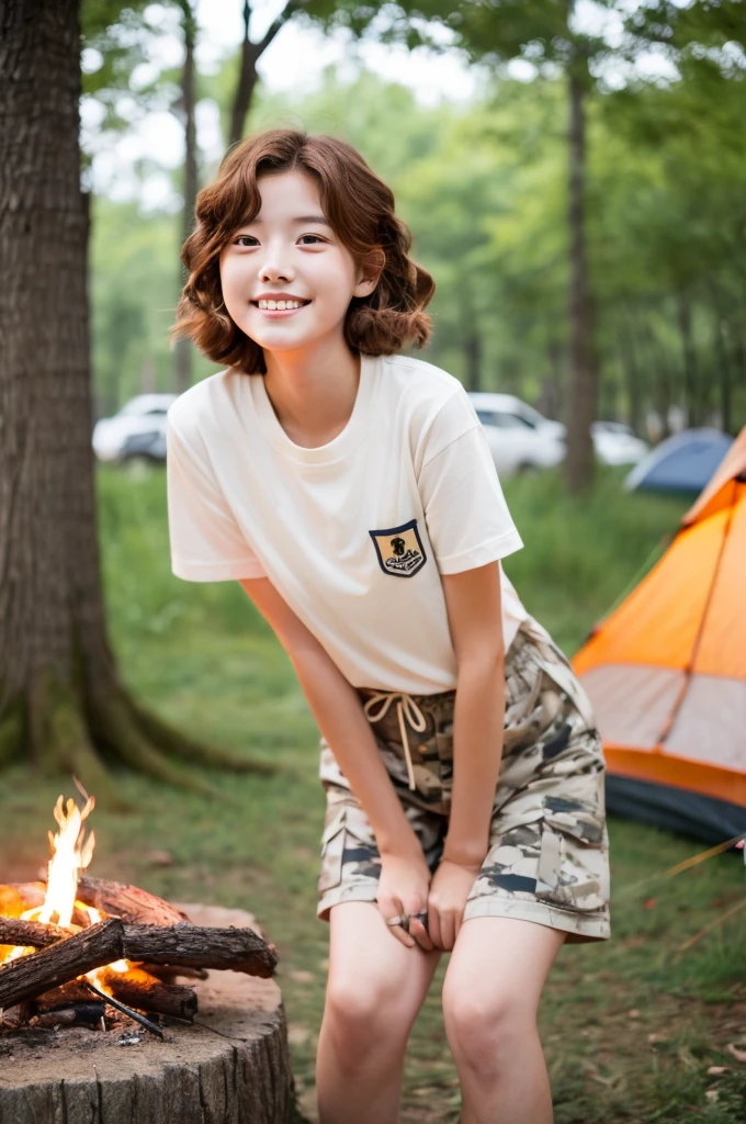 Camping tent, junior high school third grade, ((full body)), ((photo)), ((best qualtiy, 8K, tmasterpiece:1.3)), Focus:1.2, perfect figure beautiful child:1.4, 1, cowboy shot, look at viewer, eyes facing the camera, incredibly absurd, beautiful and cute with a photorealistic face, showcasing top-quality craftsmanship, A Japanese girl gazing at the campfire at a campsite, 15 years old, short hair, wavy and shiny, crimson hair, big eyes, long eyelashes, smiling face, white teeth, round face, small nose, smooth skin, fair skin, red lips, pink cheeks, lively expression, , delicate, well-balanced proportions, slim, 155cm tall, thin limbs, small A-cup breasts, khaki T-shirt, camouflage shorts, sneakers, beautiful girl, younger sister attributes, active, sociable, cheerful, optimistic, brave, curious, August