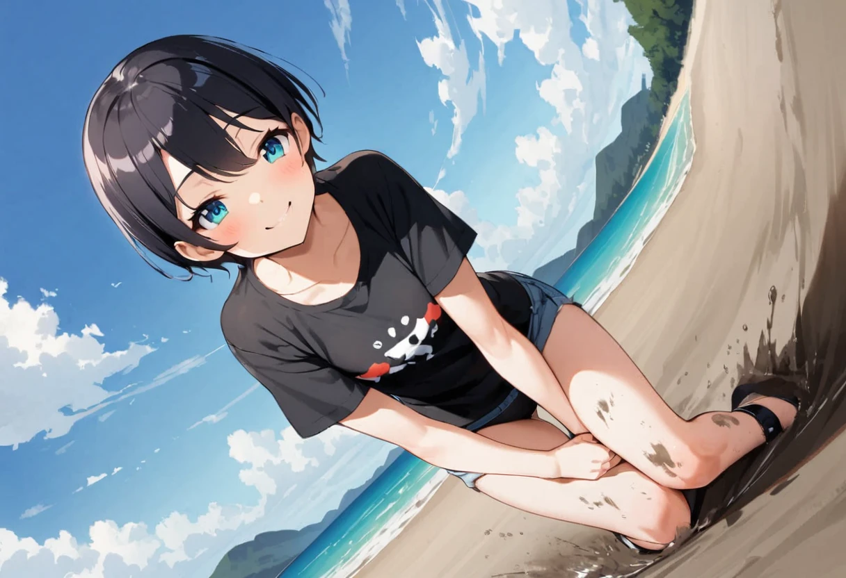 One person、Nipples、tideland、blue sky、Black T-shirt、Black Swimsuit、Short black hair、Thighs、Girl、Girl、Short、Younger、Lower school year、Baby Face、Both eyes open、flat chest、refreshing、Innocence、smile、Dynamic Angle、Beach、My feet are covered in mud、There's a little bit of mud on my face、sunlight、masterpiece、best quality、ultra-detail、Seaside、Sandy Beach、Sweat、event