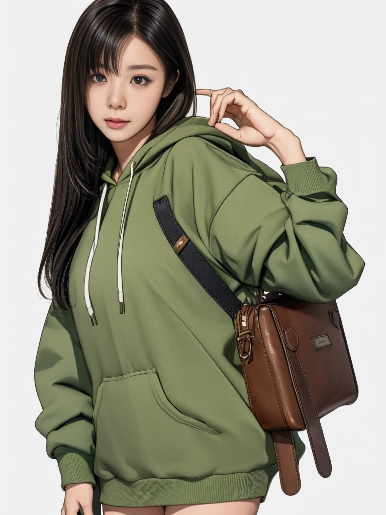 （Masterpiece 1.3）（The best quality at its best：1.2）（Ultra-thin illustration 1.2）high quality，High detail，Very detailed，White Background,, woman,  Lightweight hoodie, Carry a half-open olive green canvas chain crossbody bag。，With ammo box, （Hold the rotary machine gun 1 with both hands。.4）.Secondary elements