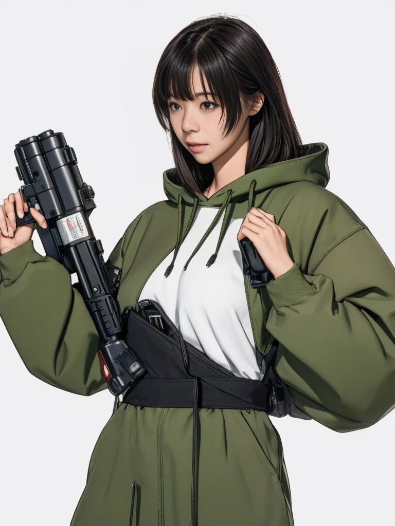 (Masterpiece 1.3)(The best quality at its best:1.2)(Ultra-thin illustration 1.2)high quality,High detail,Very detailed,White Background,, woman, Lightweight hoodie, Carry a half-open olive green canvas chain crossbody bag。,With ammo box, (Hold the rotary machine gun 1 with both hands。.4).Secondary elements