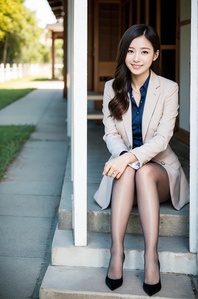 Pure Japanese girl, wearing traditional suits, sitting, pantyhose, formal hair style, formal makeup, sweet smile, professional portrait photography, dazzling summer sunlight,