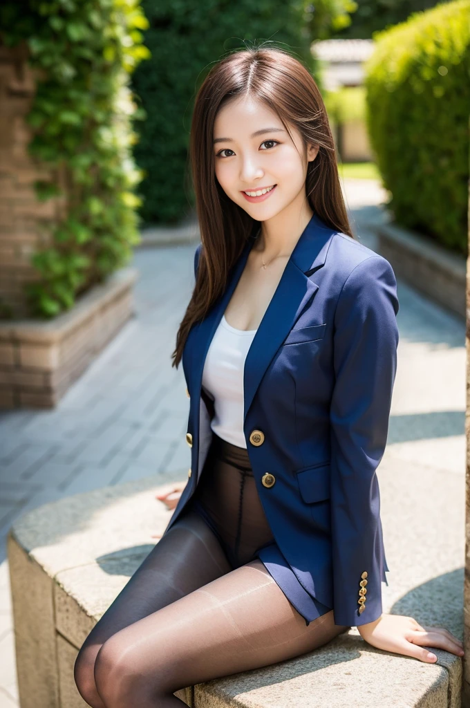 Pure Japanese girl, wearing traditional suits, sitting, pantyhose, formal hair style, formal makeup, sweet smile, professional portrait photography, dazzling summer sunlight,