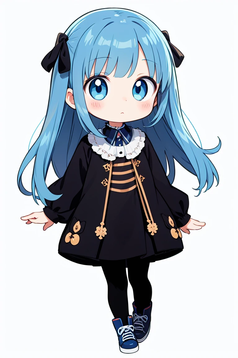 chibi, flat color, solo, full body, cute, (highest quality), blue eye, long hair, white background, (masterpiece)