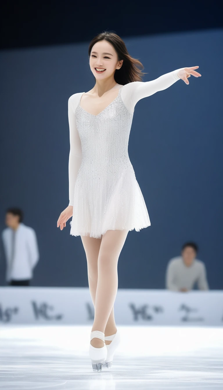 「Figure skater Miki Ando performing on the ice。She was wearing a white sequined skating dress.、The moment of his graceful jump was captured。Audience members can be seen in the background.、The ice rink is shining。」