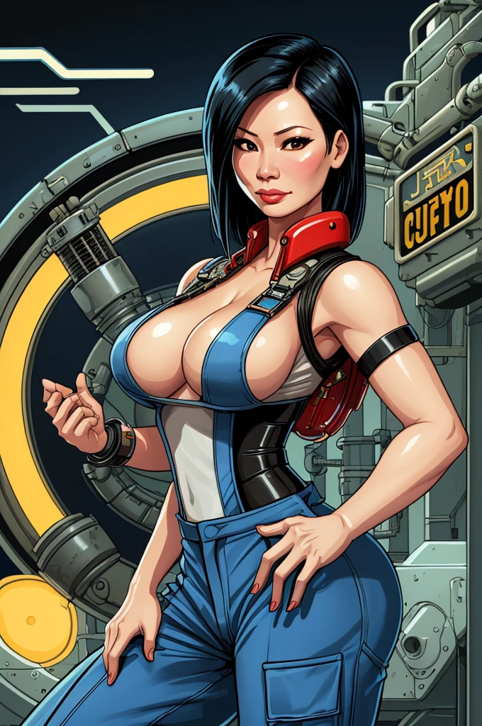 Lucy Liu, gorgeous mechanic, atompunk, blank background, retro-futurism