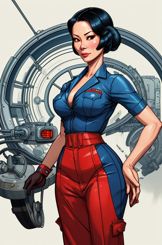 Lucy Liu, gorgeous mechanic, atompunk, blank background, retro-futurism