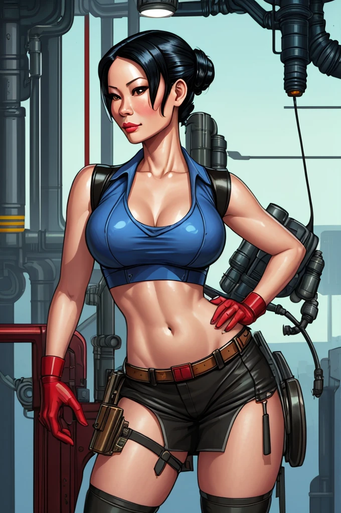 Lucy Liu, gorgeous mechanic, atompunk, blank background, retro-futurism