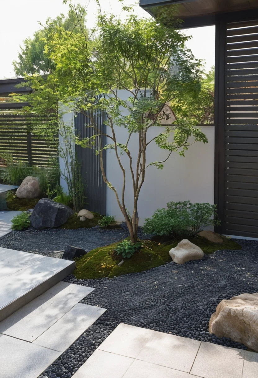 Quantum LCD,Garden,No humans,Tree,landscape,outdoor,sky,stairs,plant,Fence,This picture shows a modern courtyard landscape. On the left side of the screen is a uniquely shaped grey rock,Seems to be carefully selected and arranged. There is a path paved with black pebbles next to the rock.,Winding through the courtyard. Central courtyard,there is a beautifully shaped Tree with a twisted trunk and lush leaves,Gives people an ancient and exquisite feeling. On the right side of the Tree is a small bonsai plant,The foliage is luxuriant,Presenting a vibrant scene. In the background,You can see a high wall，There are some vertical lines on the texture,In sharp contrast to the foreground. The whole scene is illuminated by sunlight,Looks very peaceful.,