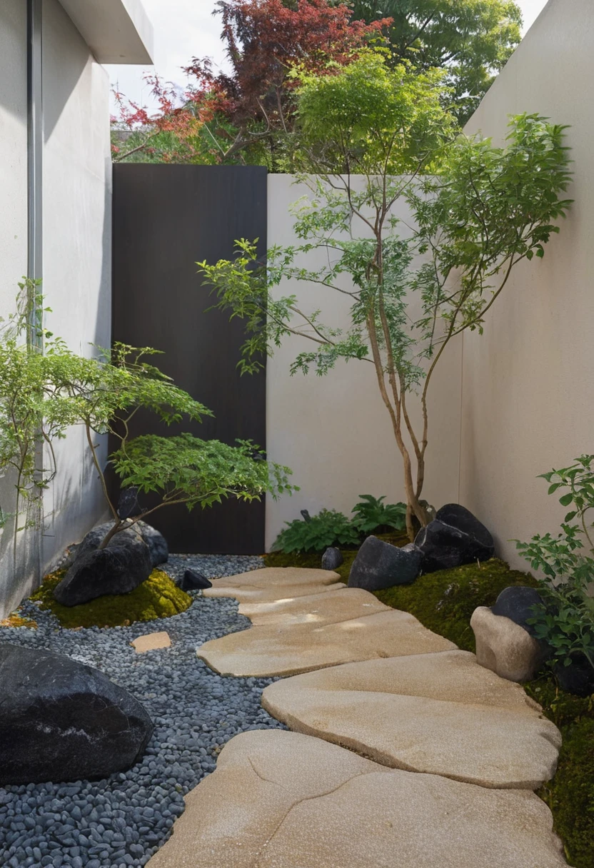 Quantum LCD,Garden,No humans,Tree,landscape,outdoor,sky,stairs,plant,Fence,This picture shows a modern courtyard landscape. On the left side of the screen is a uniquely shaped grey rock,Seems to be carefully selected and arranged. There is a path paved with black pebbles next to the rock.,Winding through the courtyard. Central courtyard,there is a beautifully shaped Tree with a twisted trunk and lush leaves,Gives people an ancient and exquisite feeling. On the right side of the Tree is a small bonsai plant,The foliage is luxuriant,Presenting a vibrant scene. In the background,You can see a high wall，There are some vertical lines on the texture,In sharp contrast to the foreground. The whole scene is illuminated by sunlight,Looks very peaceful.,