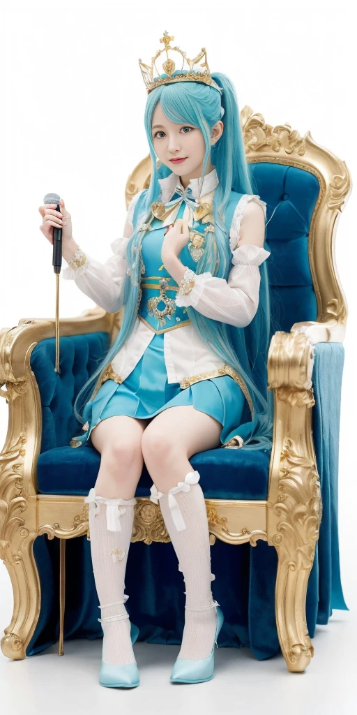 1girl, Hatsune Miku, princess outfit, crown, gold, ((throne)), in a castle, Middle Ages, wearing a blue vest, one foot on the ground, the other foot calf turned outward, one hand holding the microphone, the other hand across the eyes Biye, white background