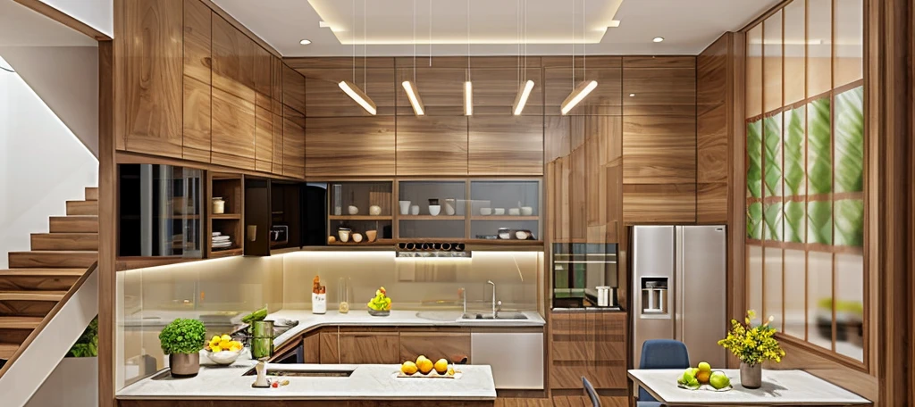 gray kitchen, kitchen cabinets made of oak wood, decorative glass walls, fridge, water purifier, dinner table, lamp