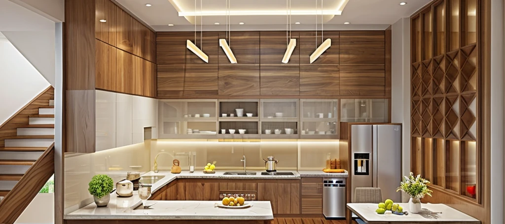 gray kitchen, kitchen cabinets made of oak wood, decorative glass walls, fridge, water purifier, dinner table, lamp