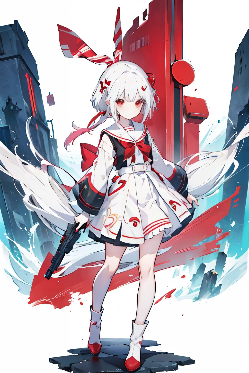 アニメの女の子 with white hair and red bow sitting on the ground, Sailor dress, Cute girl anime visuals, young anime girl,  pretty anime girl, White Hair Girl,  White background、Full-body portrait、Black boots、Red Eyes、Marine color dress、Knee-high socks、whiteback、Standing girl,Stand Up、Girl standing with a handgun