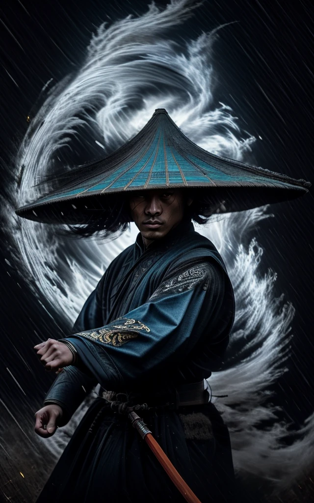 Painting, a Chinese warrior with his holding a sword, swirling cyclone, bamboo hat, super wide-angle lens, colorful arrangements, shige's visual aesthetic style, made of flowers, claire-obscure lighting, dark orange and teal, i can't believe how beautiful this is, in the style of zhang jingna, photomontage, hirohiko araki, oriental, sergio toppi, theatrical, feminine sensibilities
