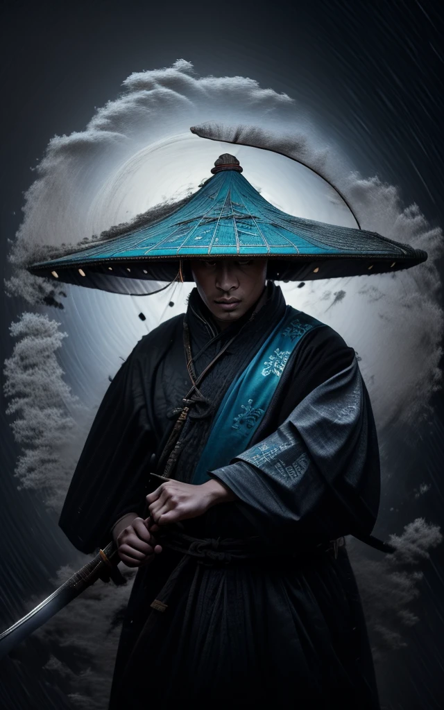 Painting, a Chinese warrior with his holding a sword, swirling cyclone, bamboo hat, super wide-angle lens, colorful arrangements, shige's visual aesthetic style, made of flowers, claire-obscure lighting, dark orange and teal, i can't believe how beautiful this is, in the style of zhang jingna, photomontage, hirohiko araki, oriental, sergio toppi, theatrical, feminine sensibilities
