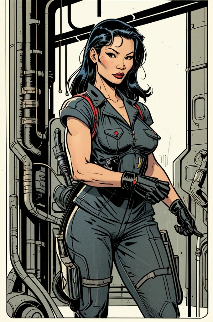 Lucy Liu, gorgeous mechanic, atompunk, blank background, retro-futurism
