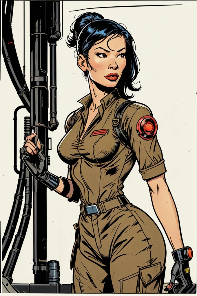Lucy Liu, gorgeous mechanic, atompunk, blank background, retro-futurism