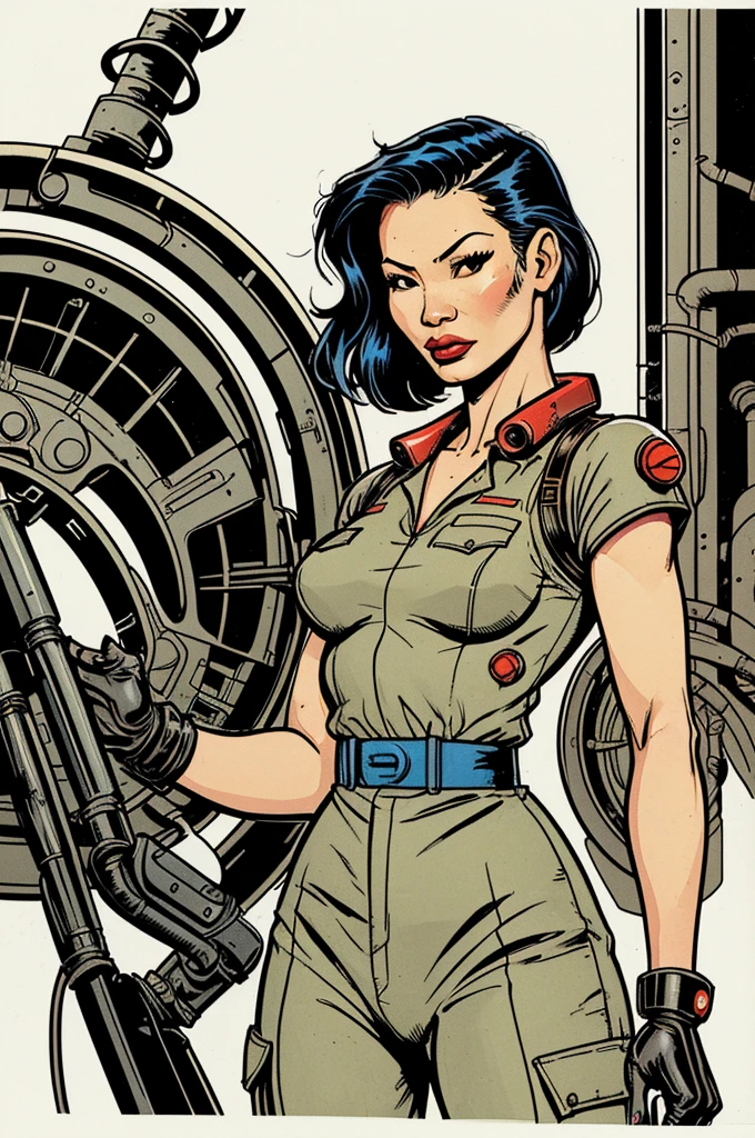 Lucy Liu, gorgeous mechanic, atompunk, blank background, retro-futurism