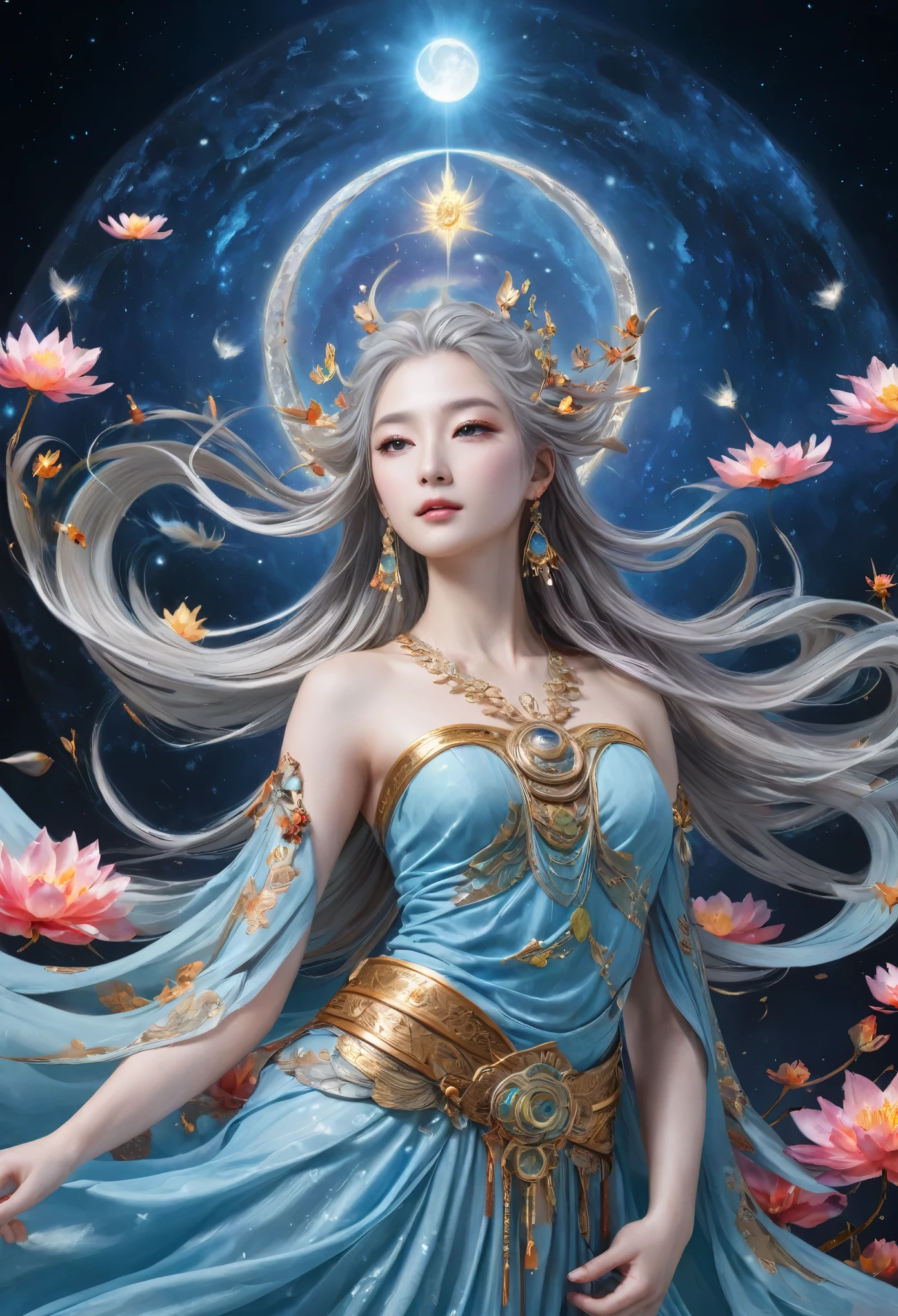 8K resolution, masterpiece, Highest quality, Award-winning works, unrealistic, Final Fantasy, Royal Jewel,Photorealistic Painting by Midjourney and Greg Rutkowski, , elegant, Very detailed, Delicate depiction of hair, Miniature Painting, Digital Painting, Art Station, Concept Art, Smooth, Sharp focus, shape, nature, flight, Thousand Armed Kannon Bodhisattva, Asura, God of War, Castle in the Sky, A strip of light pouring down from the sky, A pillar of light stretching into the sky, Complex colors, Buddhist Mandala, Colorful magic circle, flash, Mysterious Background, aura, A gentle gaze, break, Small faint lights and flying fireflies, night, Starry Sky, milky way, nebula, shooting star, Flowers, birds, wind and moon, erotic, one sexy lady, healthy shaped body, Anatomically accurate skeleton, 22-year-old woman, Asura, height: 170cm, huge firm bouncing busts, Shiny dress, Iridescent dress, bikini dress, Archaic Smile, White Tiger