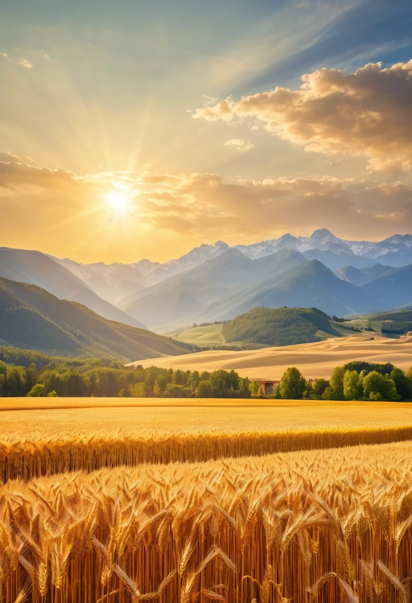 sunny day, Wheat field and mountains in the background, Wheat reflects the sunlight